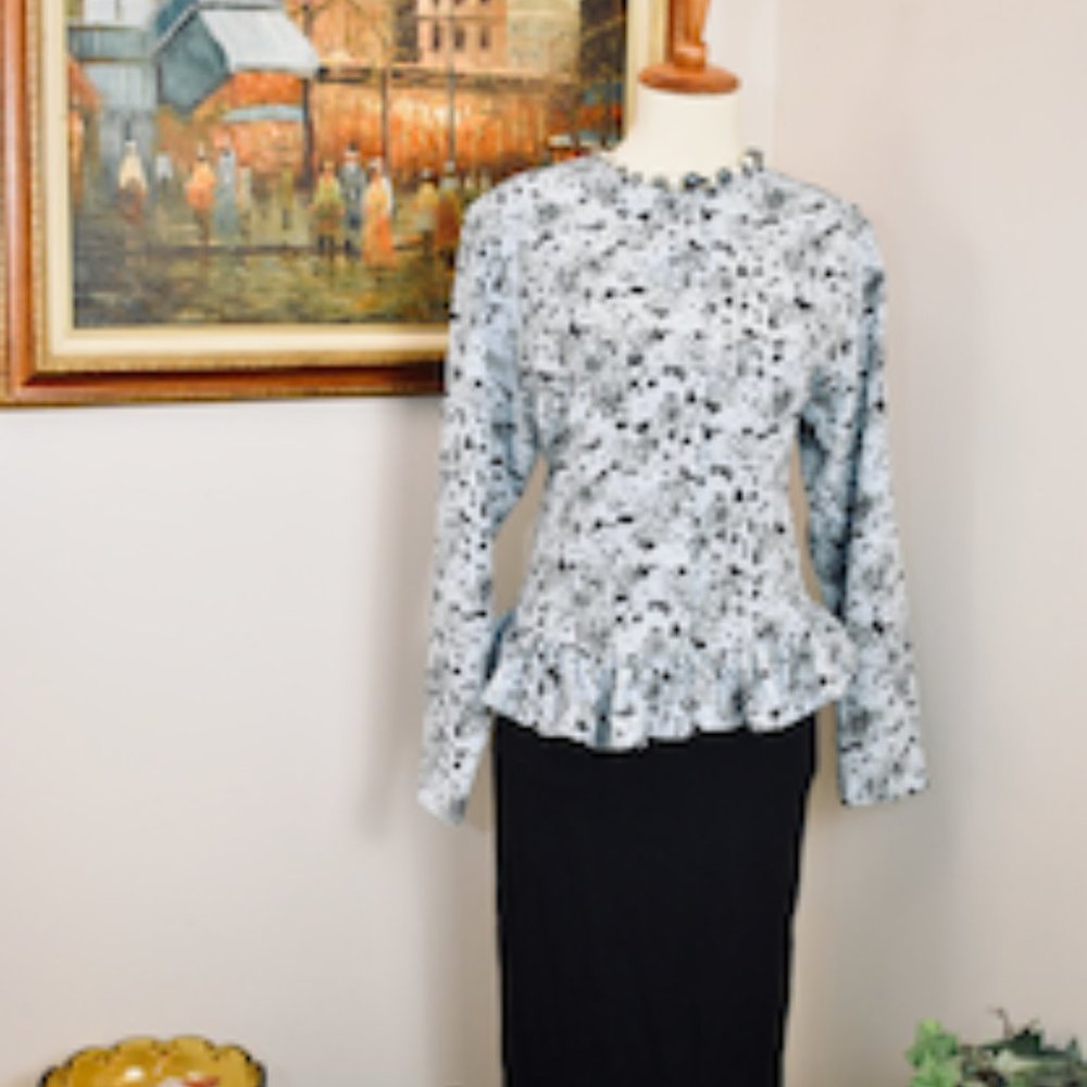 Blue Black Grey Floral Peplum Blouse Size 10. Vintage Worthington